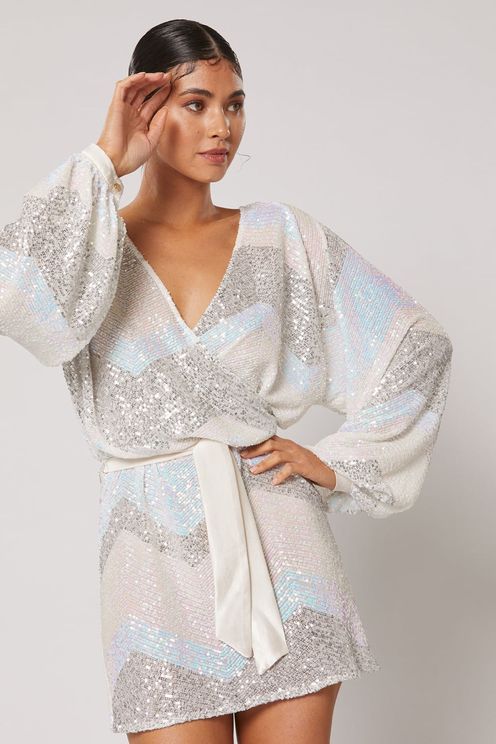 sukienka mini kimono wrap srebrna cekiny