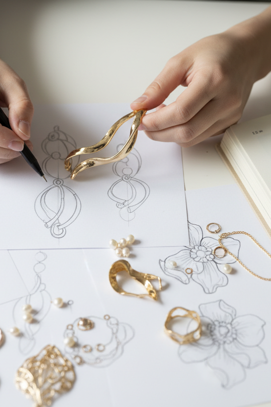 Overhead shot of a person's hands on a white surface, one hand holding a black pen and the other holding a gold-colored, organically shaped metal piece. The surface is covered with jewelry design sketches, various golden metal jewelry components, loose small pearls, and an open book showing black and white and color illustrations. A pair of red-handled pliers rests on the open book. Natural lighting, eye-level, close-up shot, photograph, realistic style.